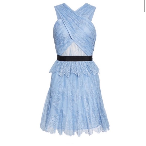 Self-Portrait Cross Front Fine Lace Blue Mini Dress - Picture 2 of 7